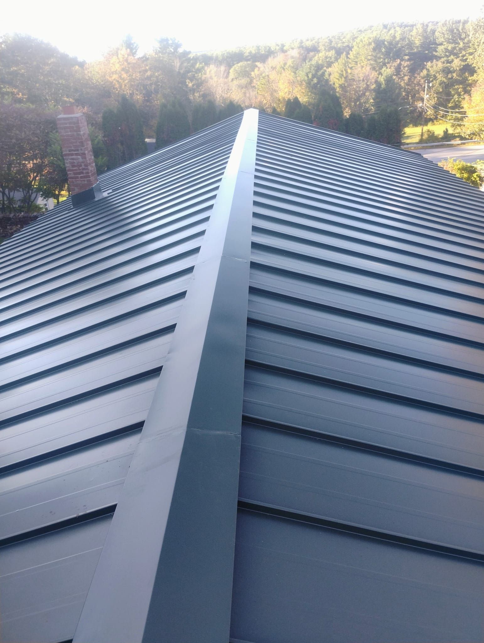 Metal roof ridge with solar panels or vents, viewed from above, with trees in the background