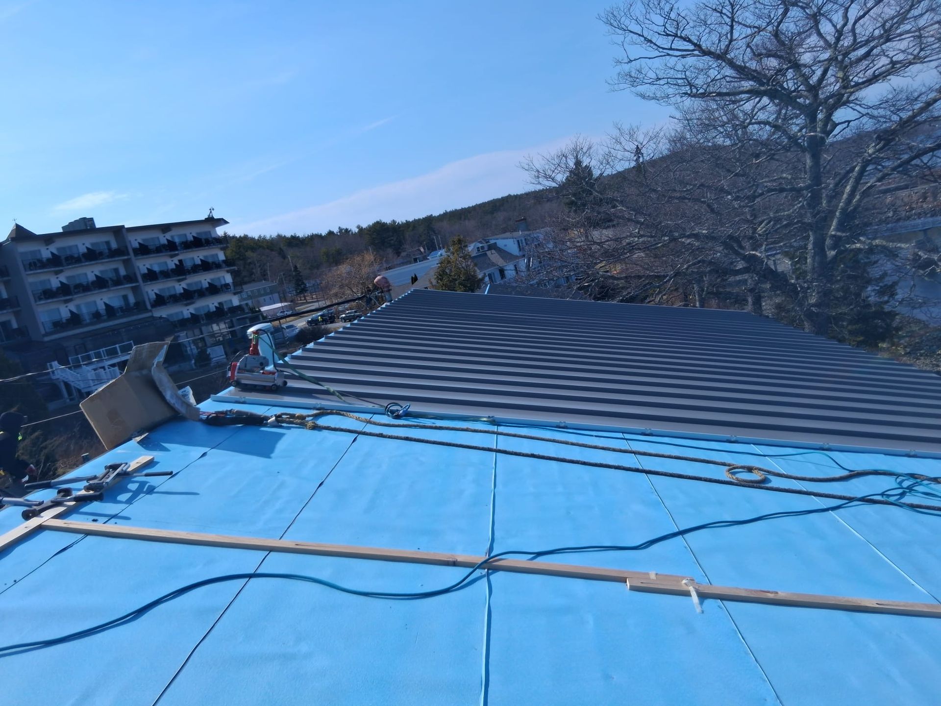 Blue tarp-covered rooftop with cables and leafless trees in the background