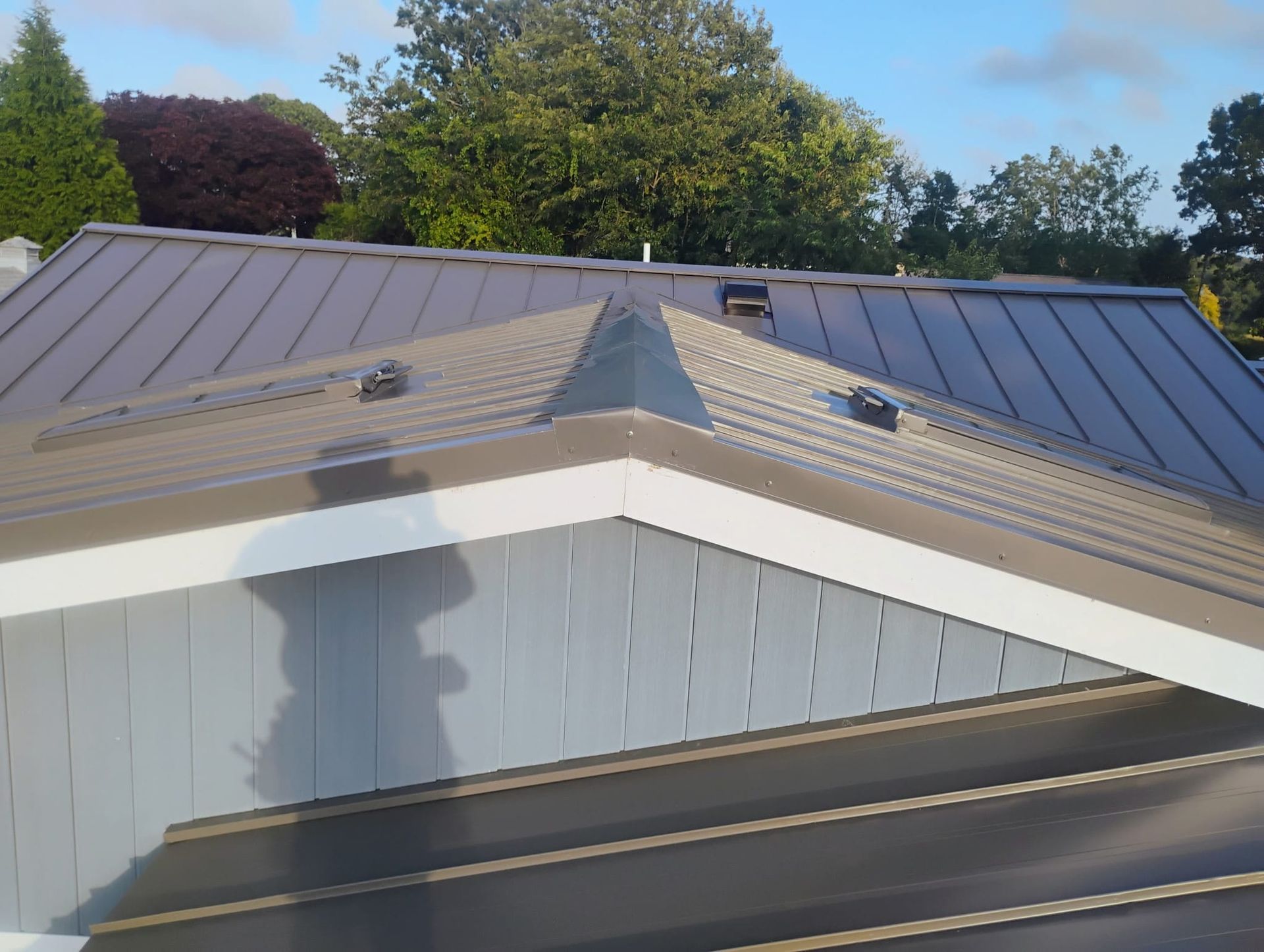 Rooftop with gray metal panels and a central vent, framed by trees and blue sky.