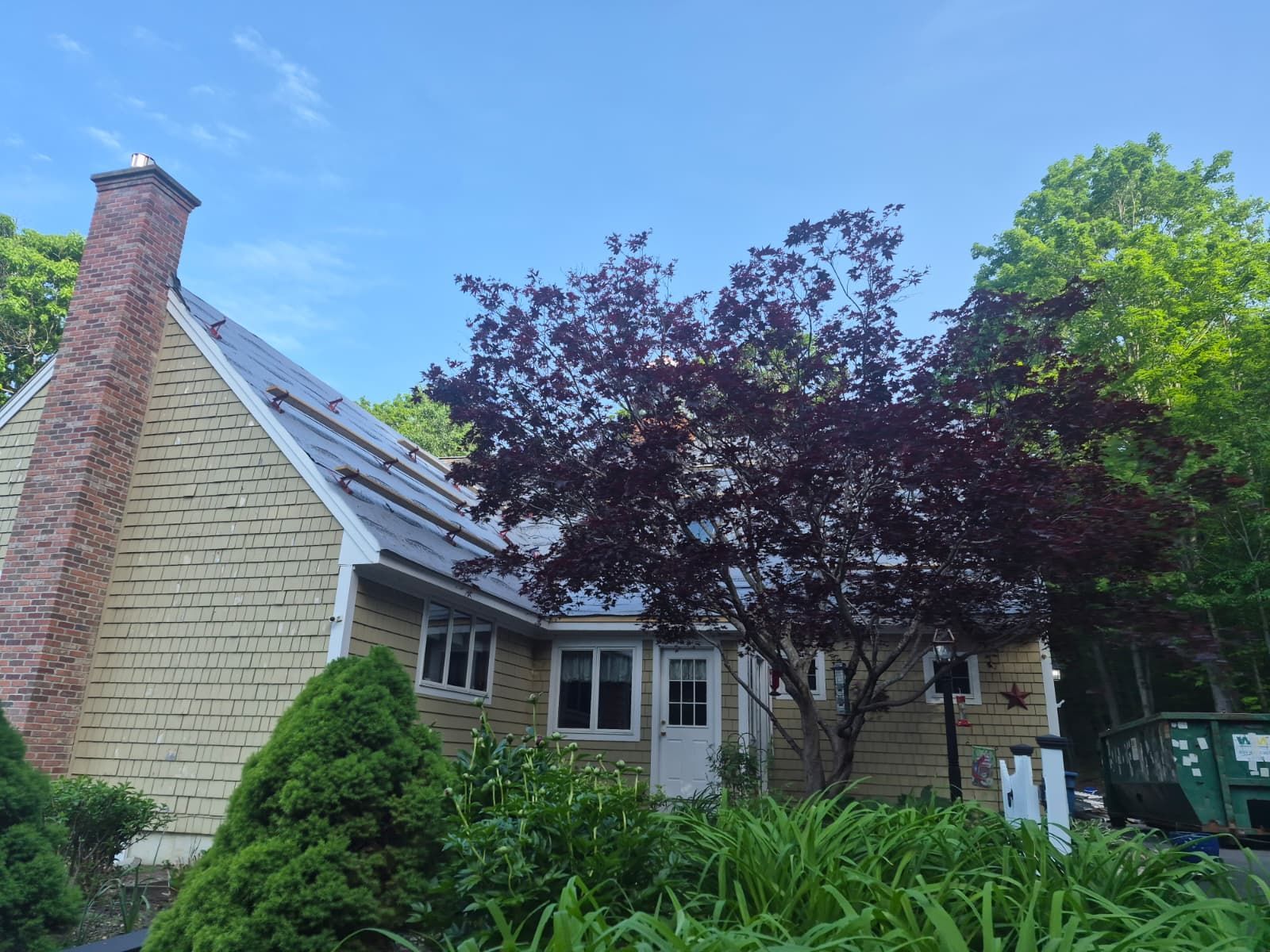 Stone house with steep roof, red-leaf tree, and lush garden in the foreground