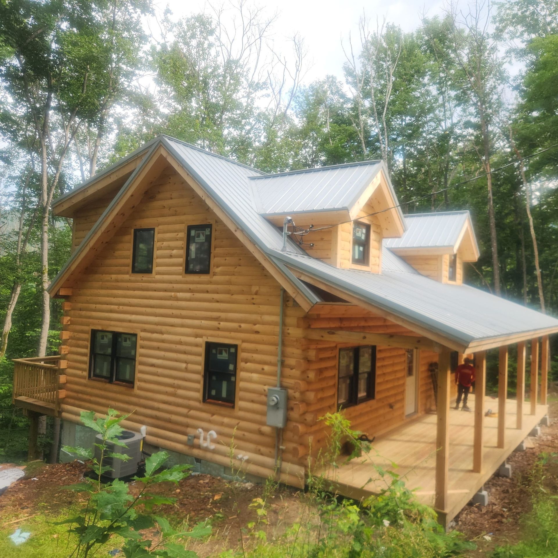 Wooden log cabin with metal roof and porch in a forest clearing