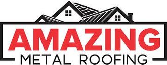 Amazing Metal Roofing logo with red text and a black roof house icon