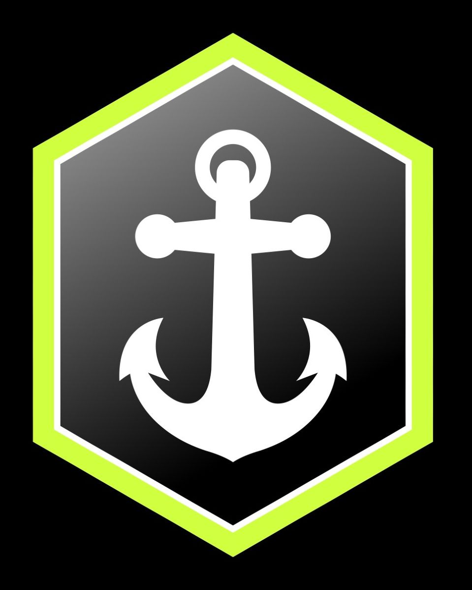 White anchor inside a black, hexagonal shape with a neon green border.
