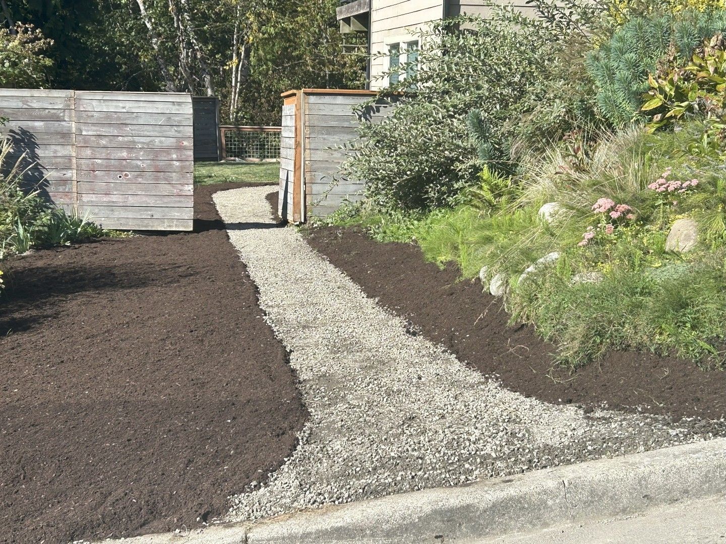 A gravel path leads from a street to a wooden gate, flanked by dark mulch and greenery.