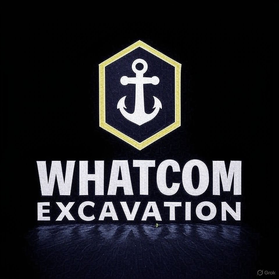 Logo for Whatcom Excavation: A black background with a yellow-bordered hexagon containing a white anchor over the words 