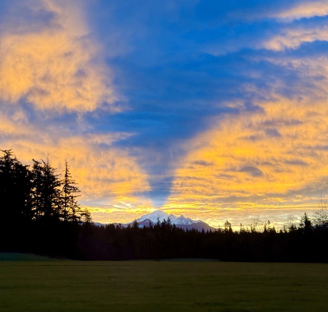 Sunset over mountain with blue and orange clouds, shadowed by dark trees and field.