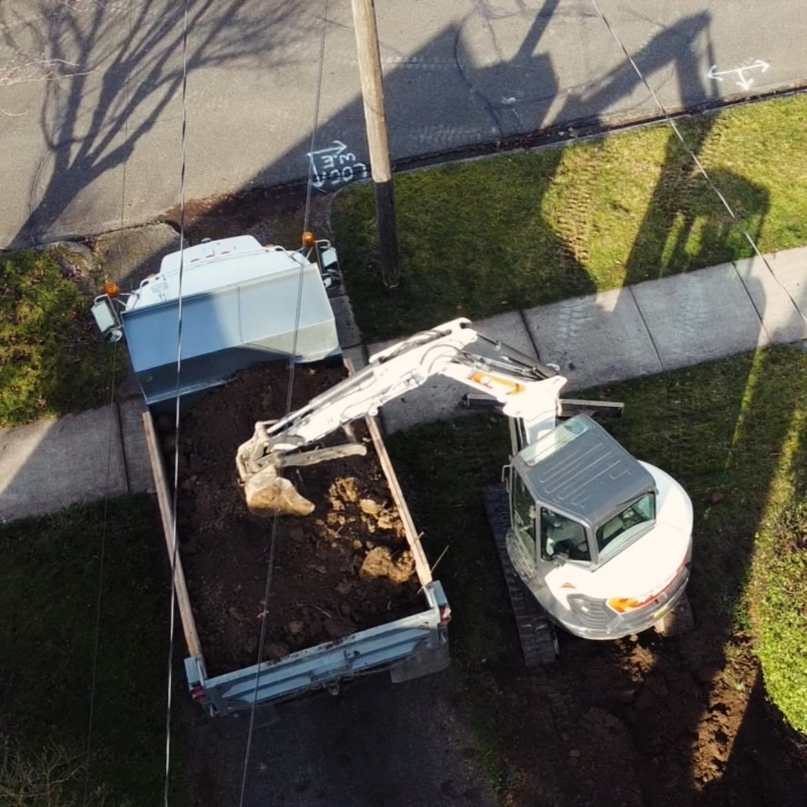 Excavator loading dirt into a dump truck on a street next to a sidewalk and lawn.
