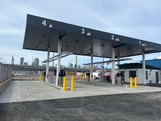 A gas station with a roof