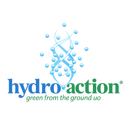 HydroAction logo with blue water droplets and green green from the ground up tagline