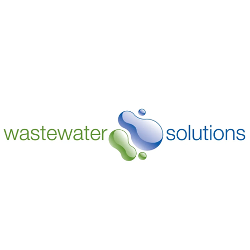 Wastewater solutions logo with green and blue text and water drop icon
