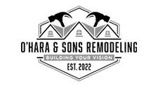 Logo for O'Hara & Sons Remodeling with a house silhouette and hammers, black and white design, Est. 2022.