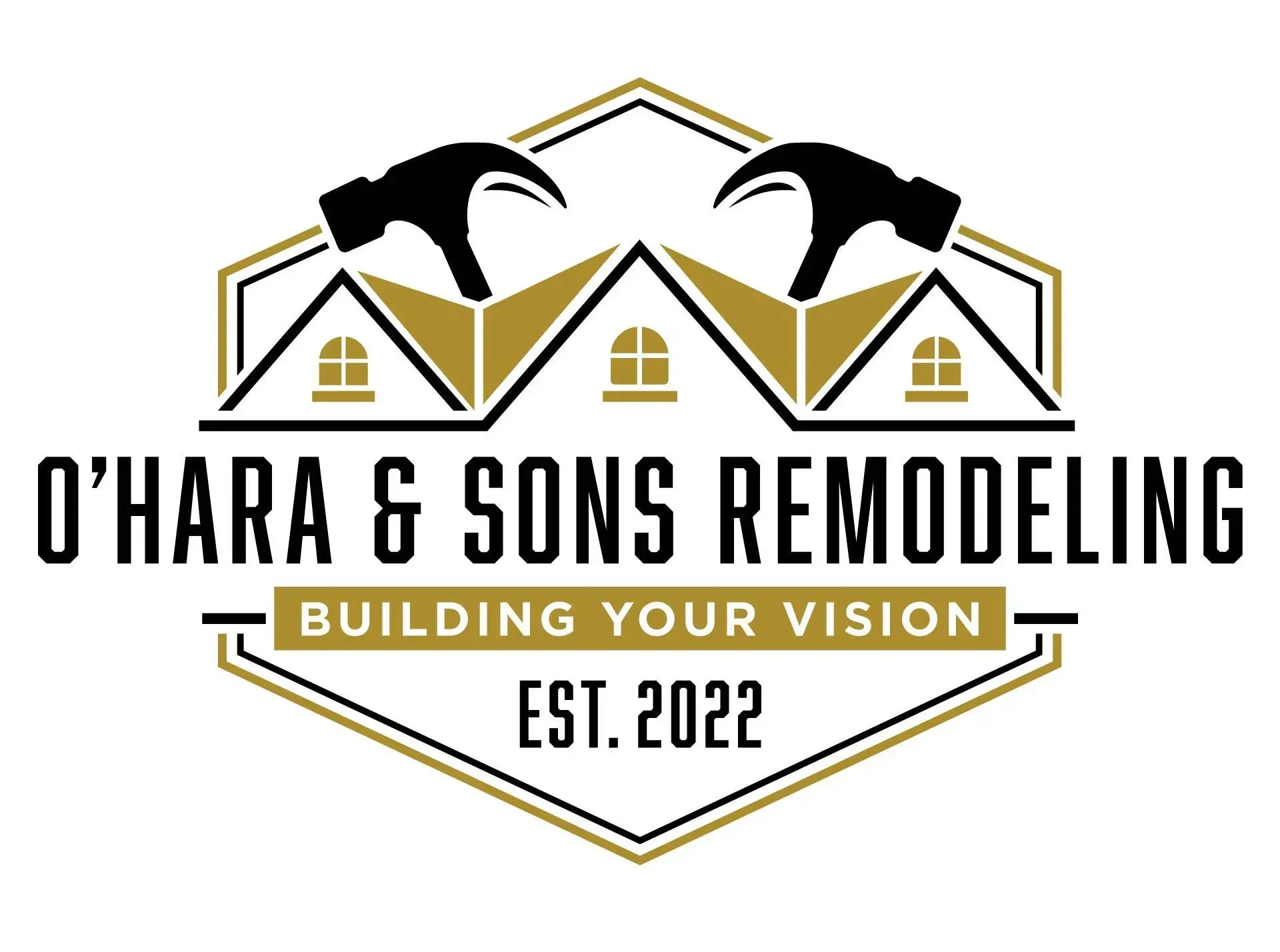 Logo for O'Hara & Sons Remodeling with houses, hammers, and text 