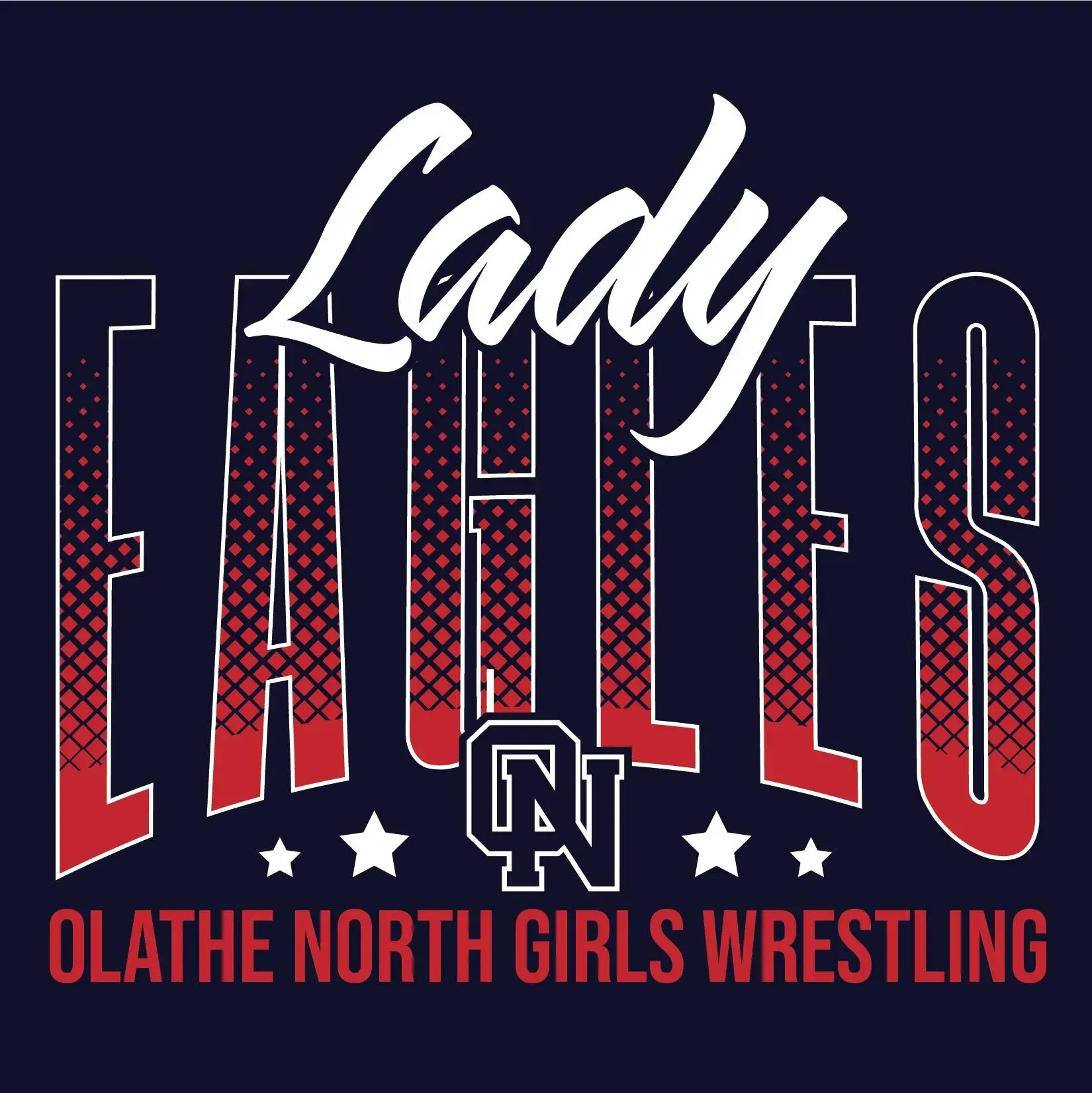 Lady Eagles wrestling team logo: Red and white text on navy background. Includes 
