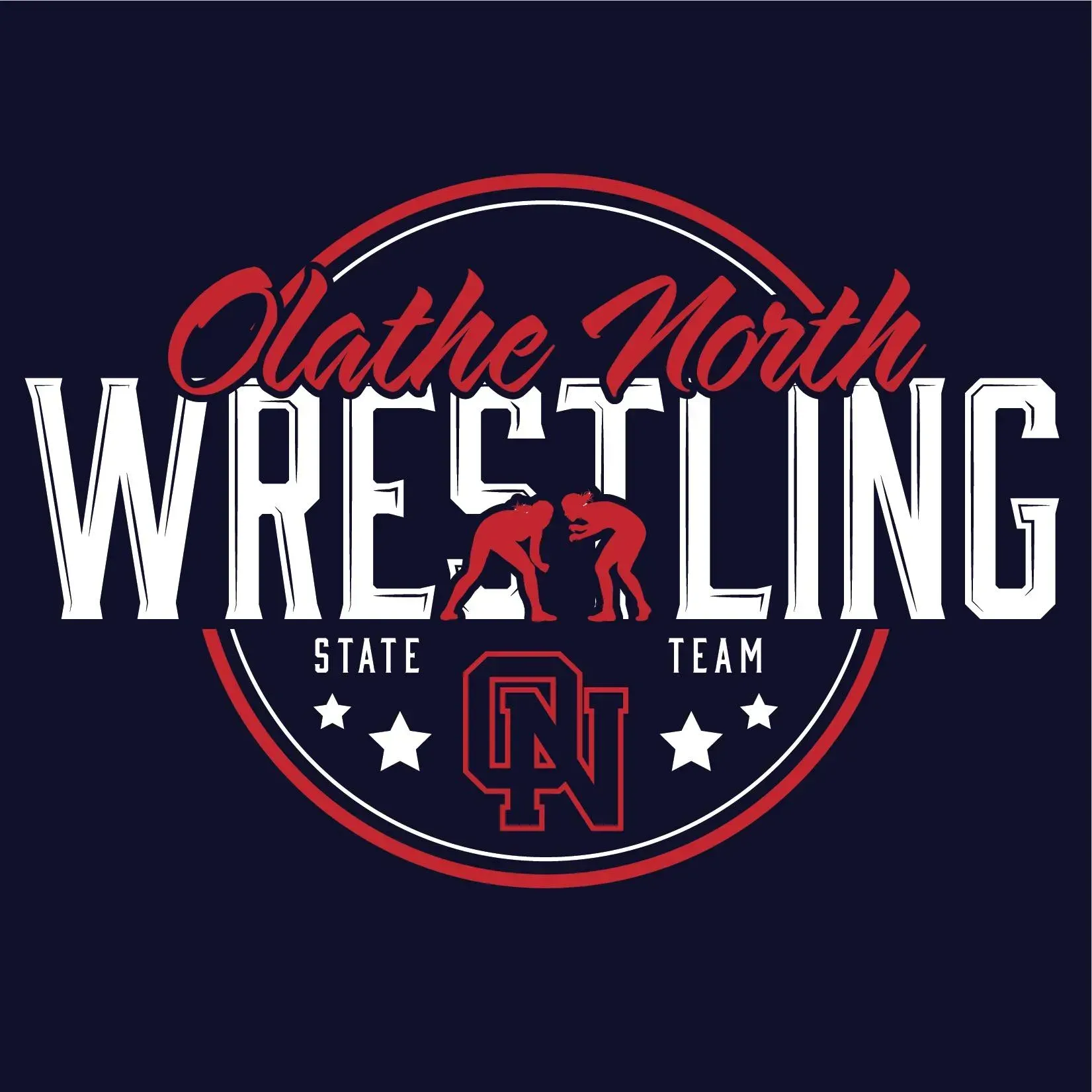 Olathe North Wrestling logo. Red and white text over a navy background. Wrestlers and 