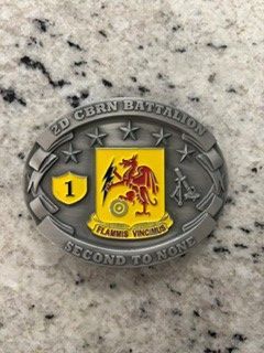 3D coin for 3rd CBRN Battalion with yellow shield and red dragon on gray stone surface
