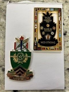 Two military-style badges on white paper, one green crest and one black-and-gold plaque reading “NCO STRONG”
