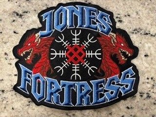 Jones Fortress logo with blue text, red dragons, and a white snowflake on a black background