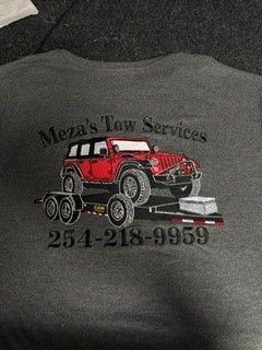 Mena's Tow Services logo with red Jeep towing a trailer and phone number 254-218-9959