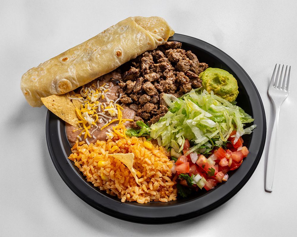 Plate of Mexican food: burrito, meat, rice, beans, salad, salsa, guacamole, tortilla chips.