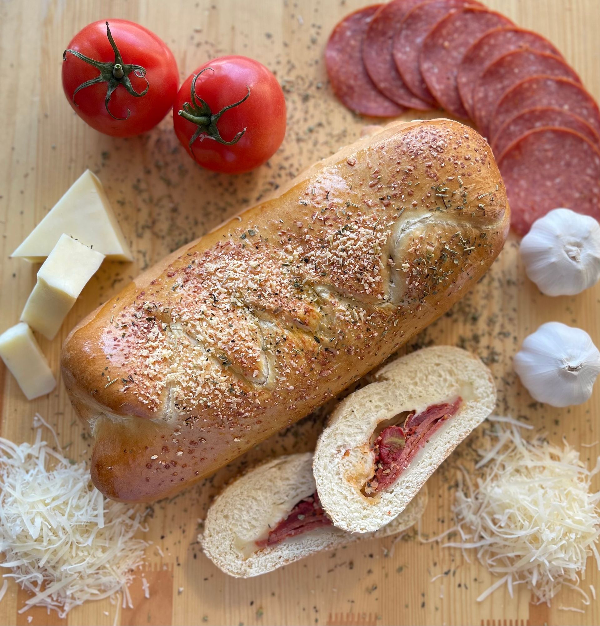 A loaf of bread is sitting on a wooden cutting board next to tomatoes and cheese.