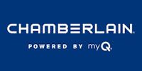 Chamberlain logo, white text on a blue background, 