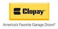 Clopay logo in a yellow rectangle with black text and symbol, with the tagline 