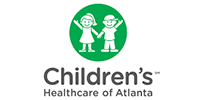 The children's healthcare of atlanta logo has two children holding hands in a green circle.