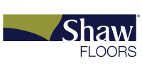 The logo for shaw floors is blue and green.