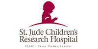 The logo for st. jude children's research hospital shows a silhouette of a child praying.