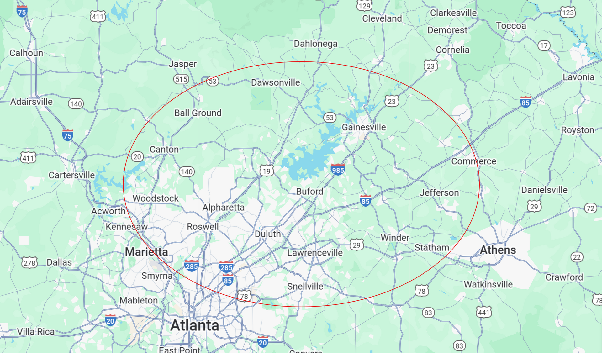 Map of Atlanta and surrounding areas, with a red circle indicating a radius around the city.