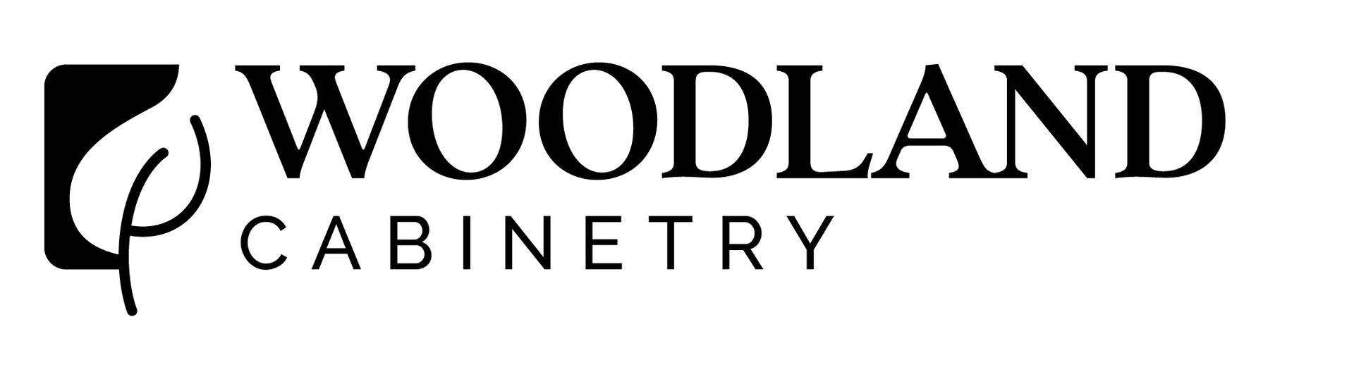 Woodland Cabinetry logo: black leaf icon inside a square, followed by the company name.