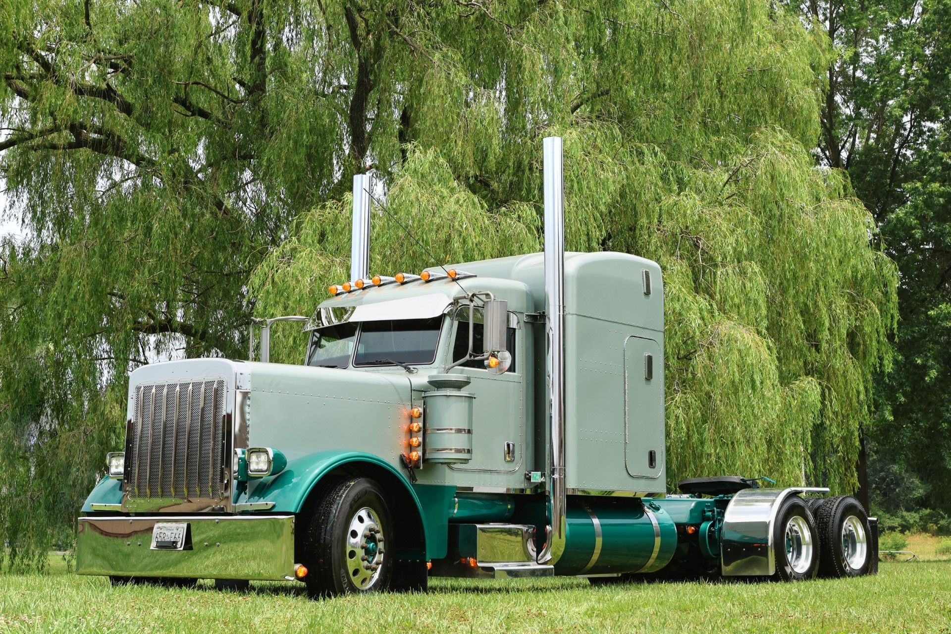 Silver semi-truck parked on grass with trees in the background