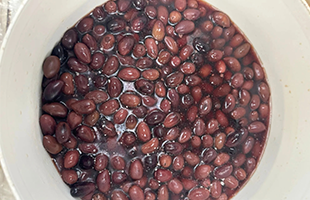 Red beans soaking in water inside a white bowl