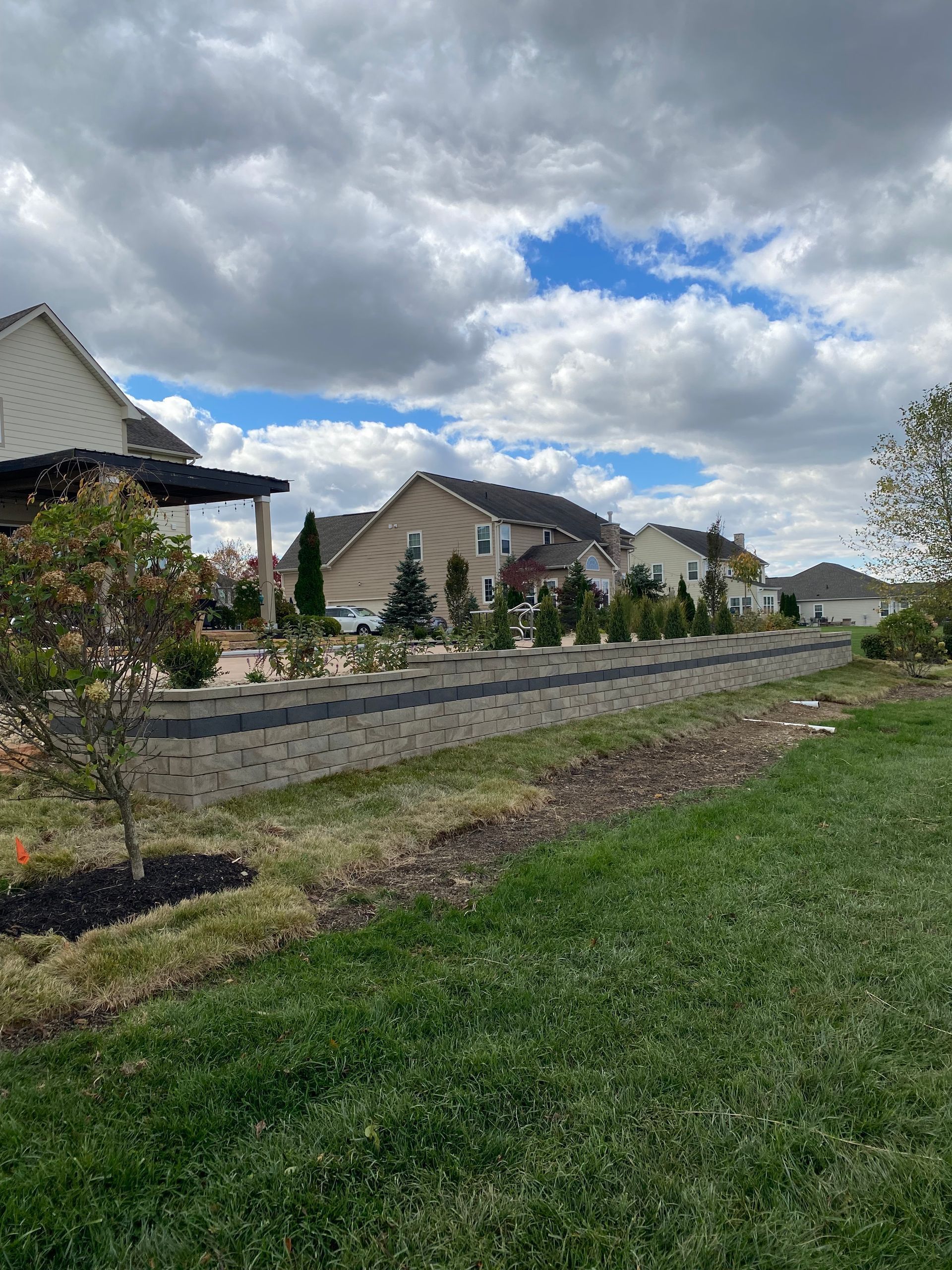 Suburban houses beside a retaining wall under a cloudy sky, with a grassy foreground and blue patches.