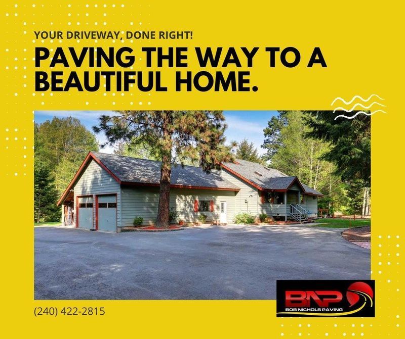 A bright yellow ad for B&P Paving shows a house with a freshly paved driveway, including the company logo and phone number.