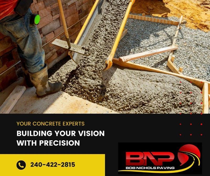 Concrete being poured into wooden forms at a construction site, with business contact info for Bob Nichols Paving.