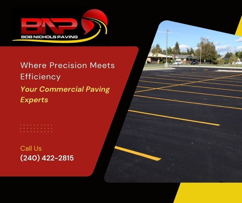 A Bob Nichols Paving advertisement with a parking lot photo, company logo, and contact phone number (240) 422-2815.