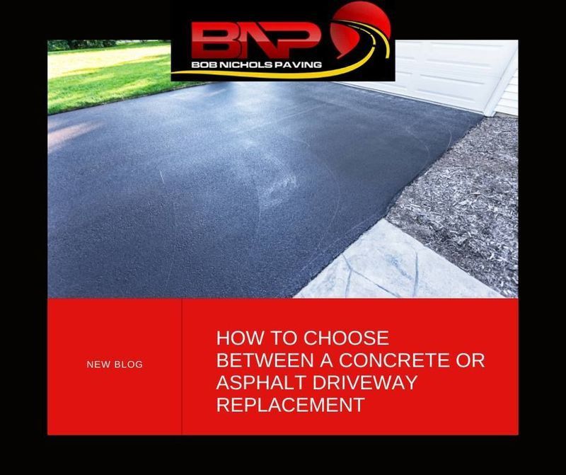 An asphalt driveway leads to a garage, with the text "How to choose between a concrete or asphalt driveway replacement."