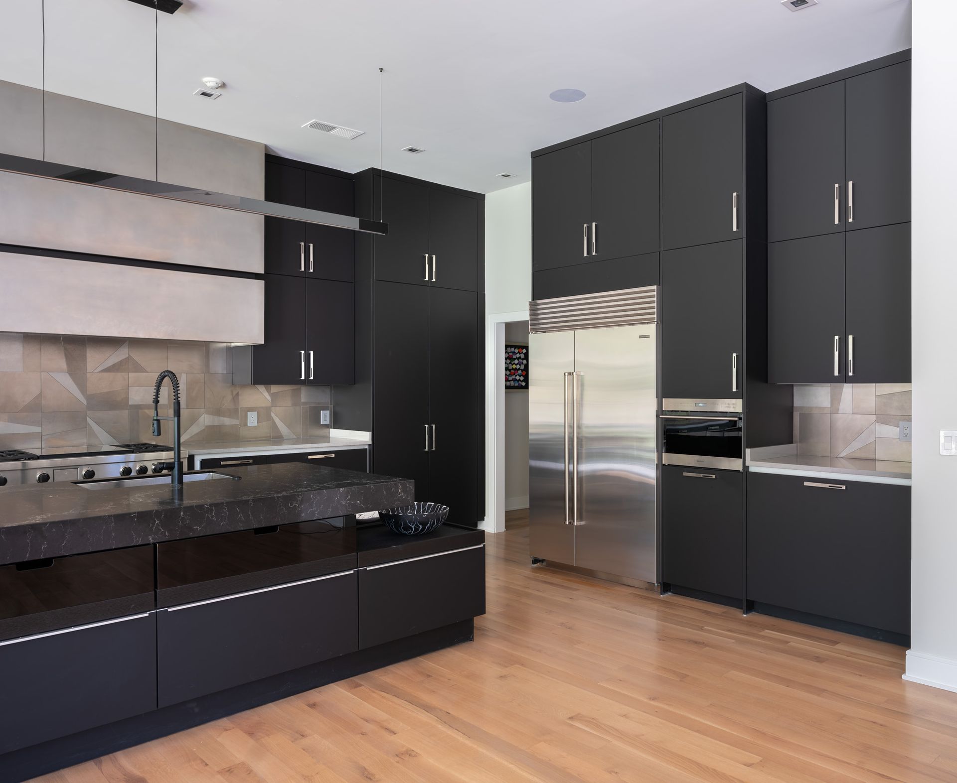 Modern kitchen with black cabinets, stainless steel appliances, and light wood floors.