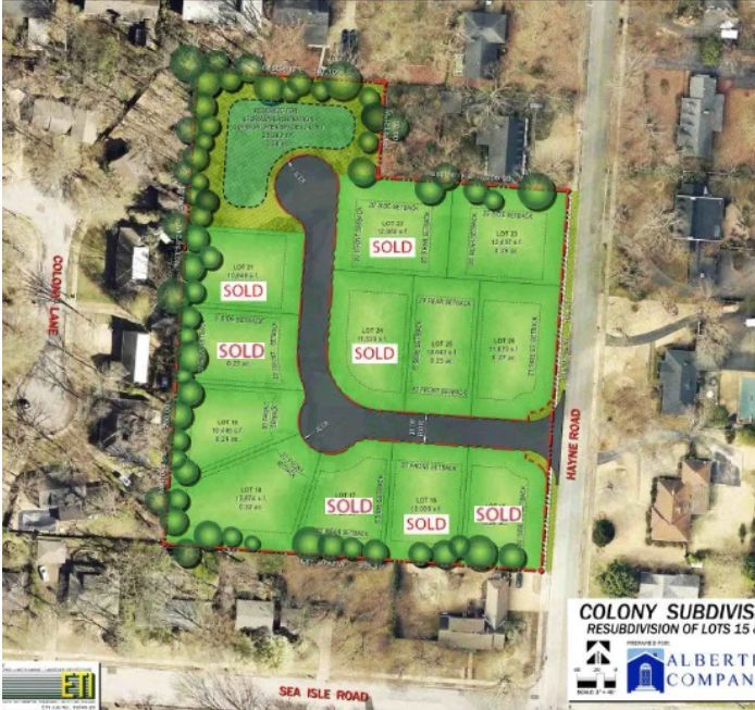 An aerial view of a colony subdivision with lots sold
