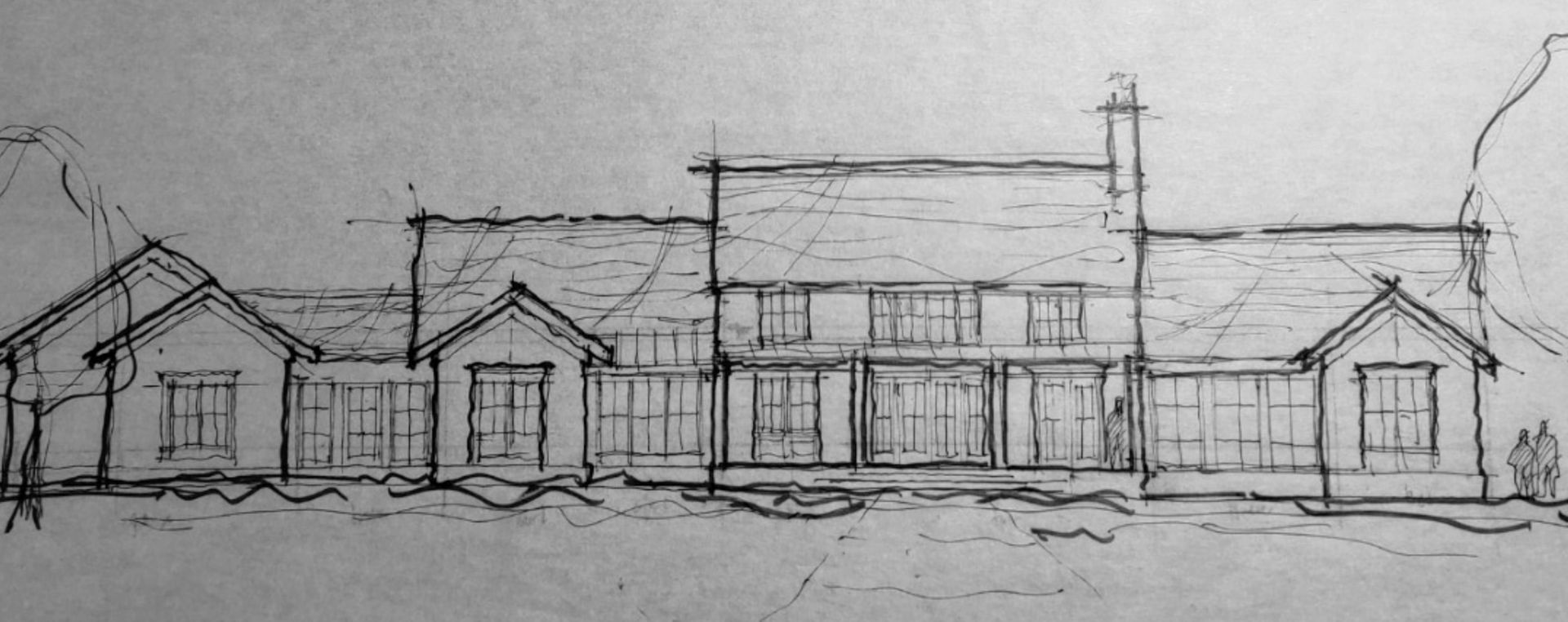 Sketch of a multi-sectioned house with a chimney and windows.