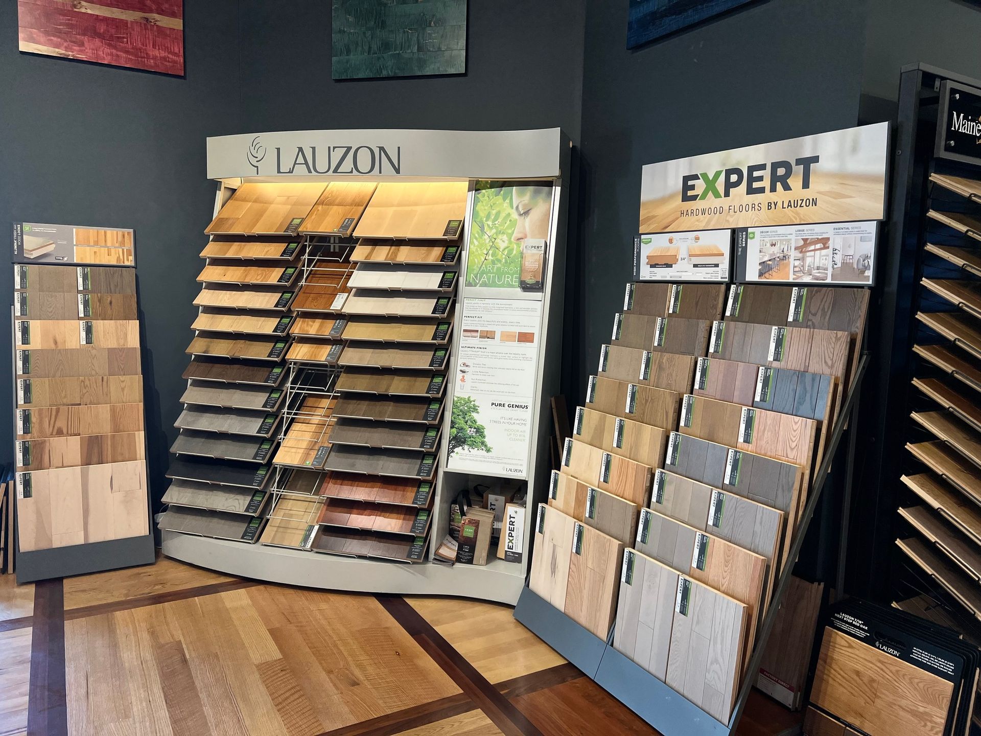 A display of different types of wood flooring in a store.