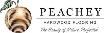 The logo for peachy hardwood flooring is a peach with a leaf on it.