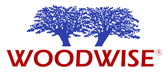 A blue and red logo for woodwise with two trees