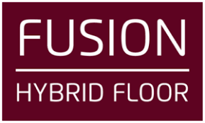 A logo for fusion hybrid floor on a maroon background