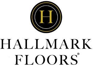 The hallmark floors logo is a black and gold logo with a h in a circle.