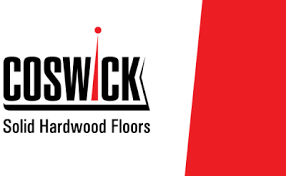 The logo for coswick solid hardwood floors is on a red and white background.