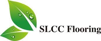 The logo for slcc flooring is a green leaf with water drops on it.
