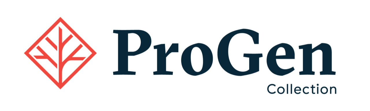A logo for progen collection with a red diamond on a white background.