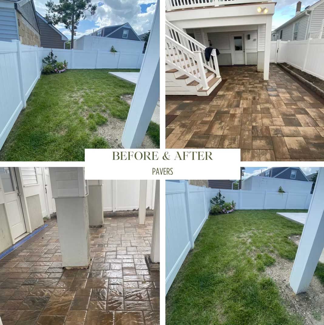 Before and after photos of a backyard and patio area; includes lawn and brick paving.